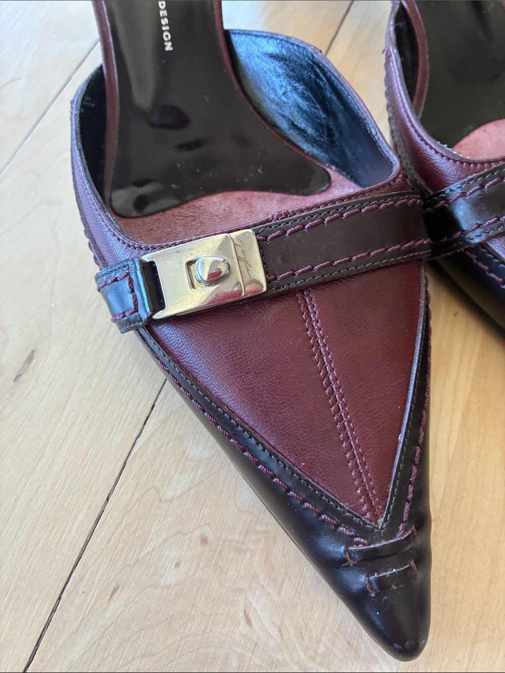 Vintage Giuseppe Zanotti Burgundy Pointed Leather Slip-On Mules/Kitten Heels - Picture 4 of 16